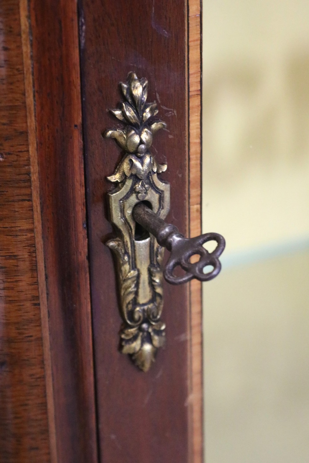 A French mahogany vitrine featuring a marble top, glass display door with gilt perfumery lettering, glass shelves, and brass mounts. View XIX