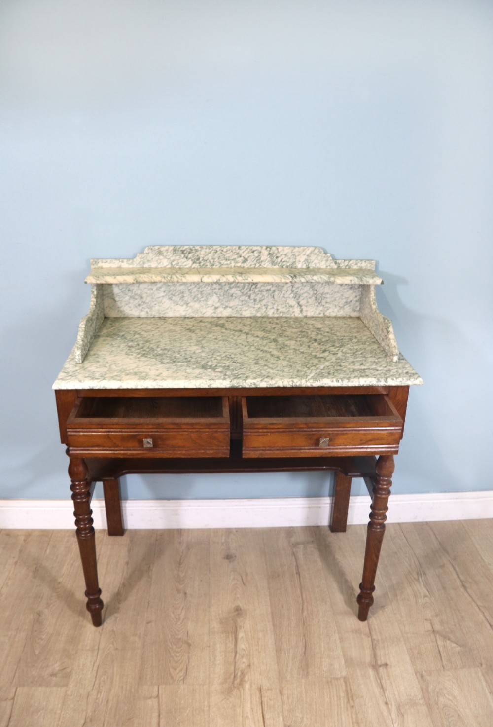 Late Victorian oak and walnut framed marble top washstand  View IV