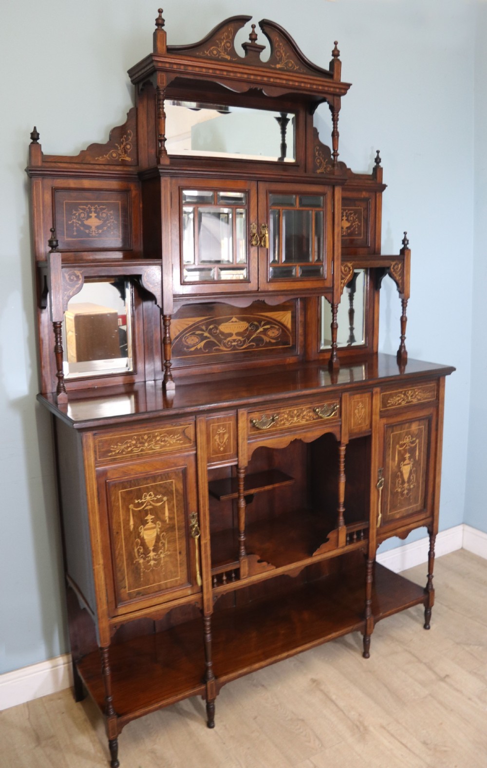 Late Victorian / Edwardian walnut veneered and inlaid side cabinet  View II