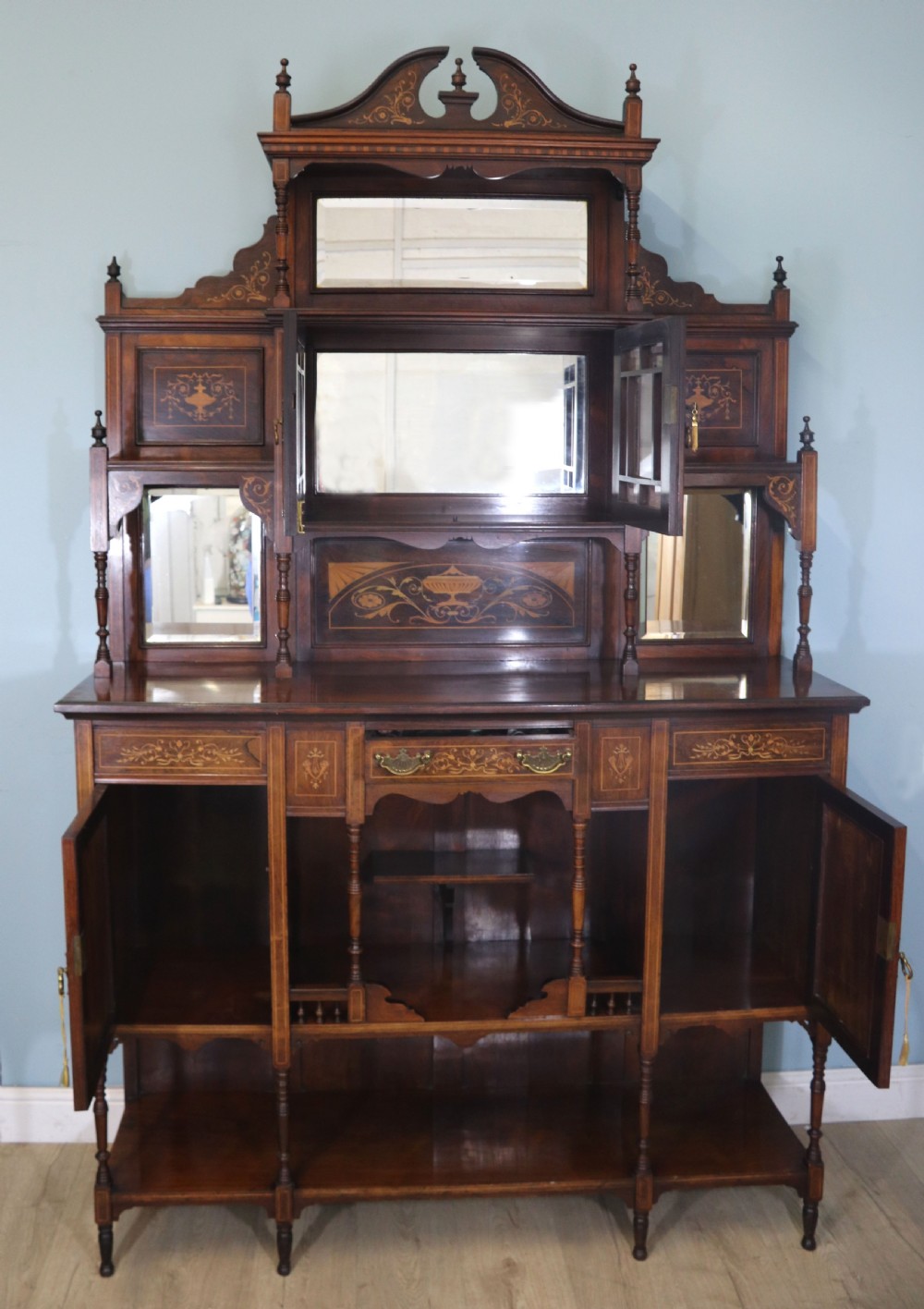 Late Victorian / Edwardian walnut veneered and inlaid side cabinet  View III