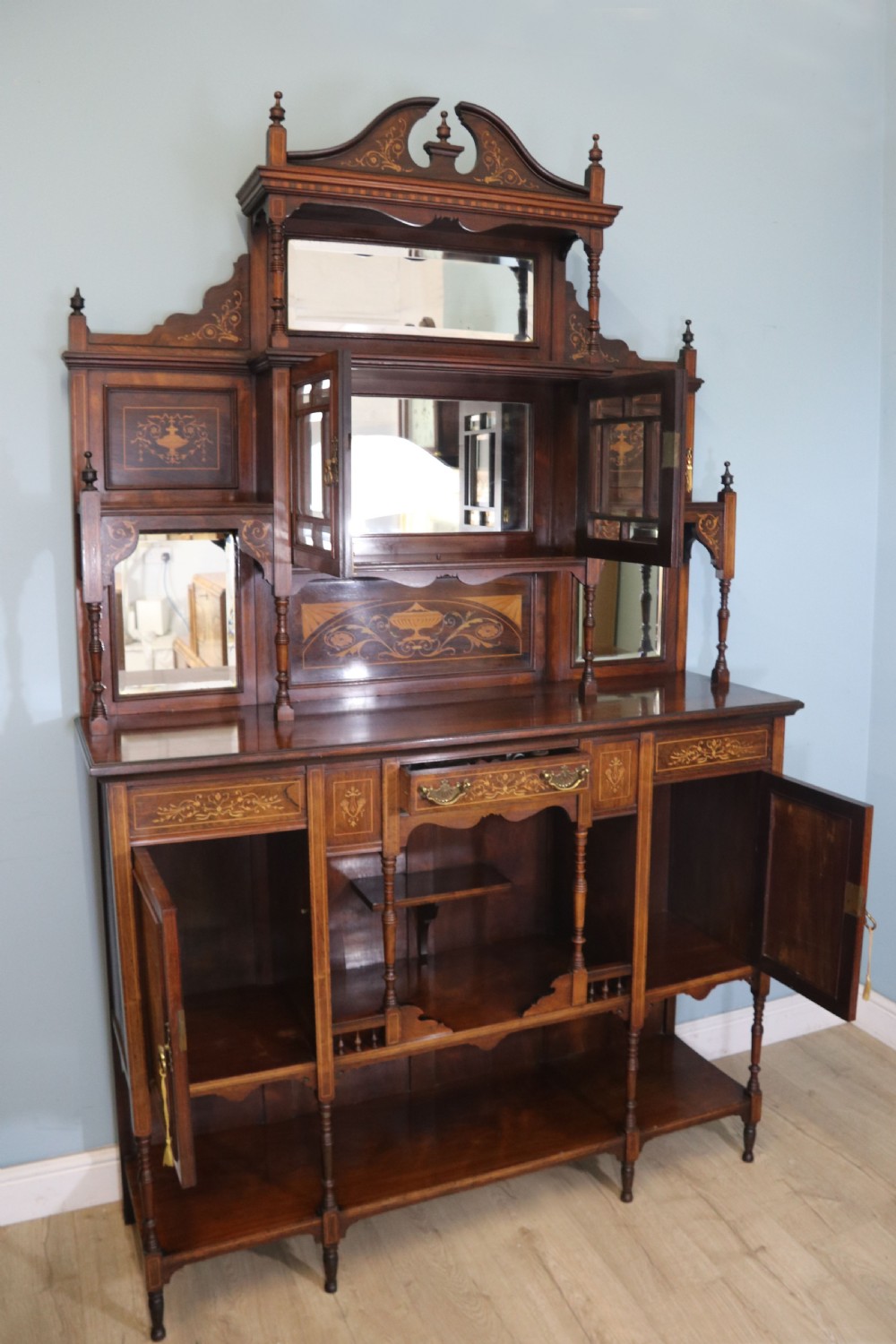 Late Victorian / Edwardian walnut veneered and inlaid side cabinet  View IV