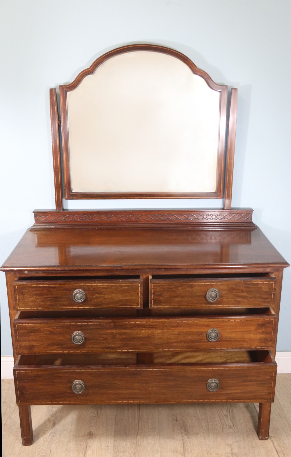 Edwardian mahogany and line inlaid dressing chest. View II