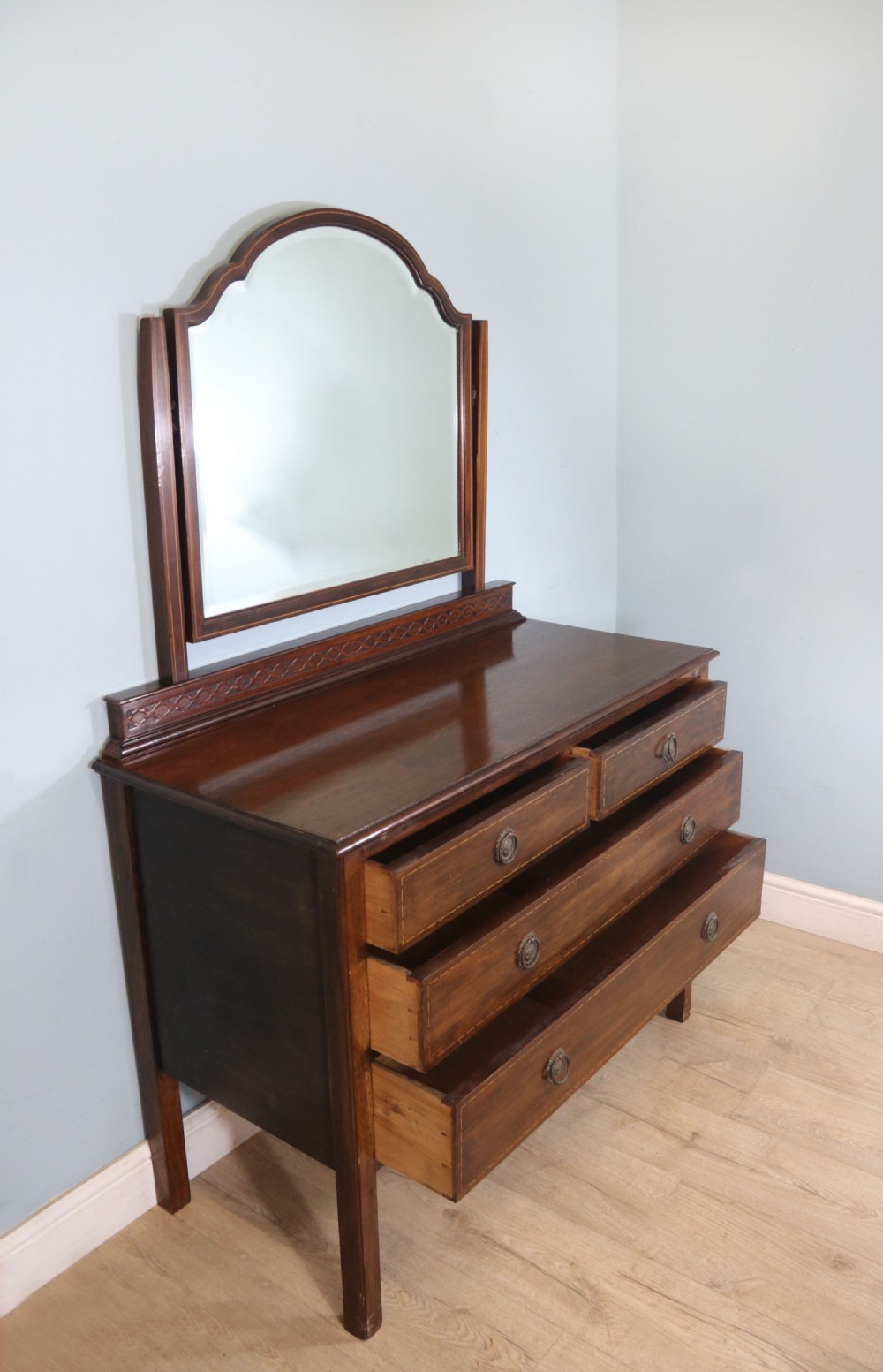 Edwardian mahogany and line inlaid dressing chest. View III