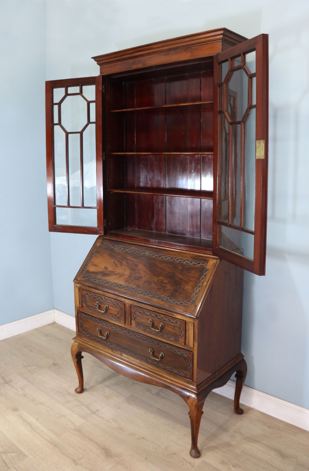 This excellent quality Edwardian mahogany bureau bookcase cabinet  View IX