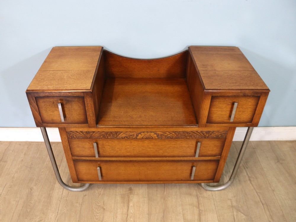  Art Deco Style rare Oak and chrome framed drop centre storage unit. View IV