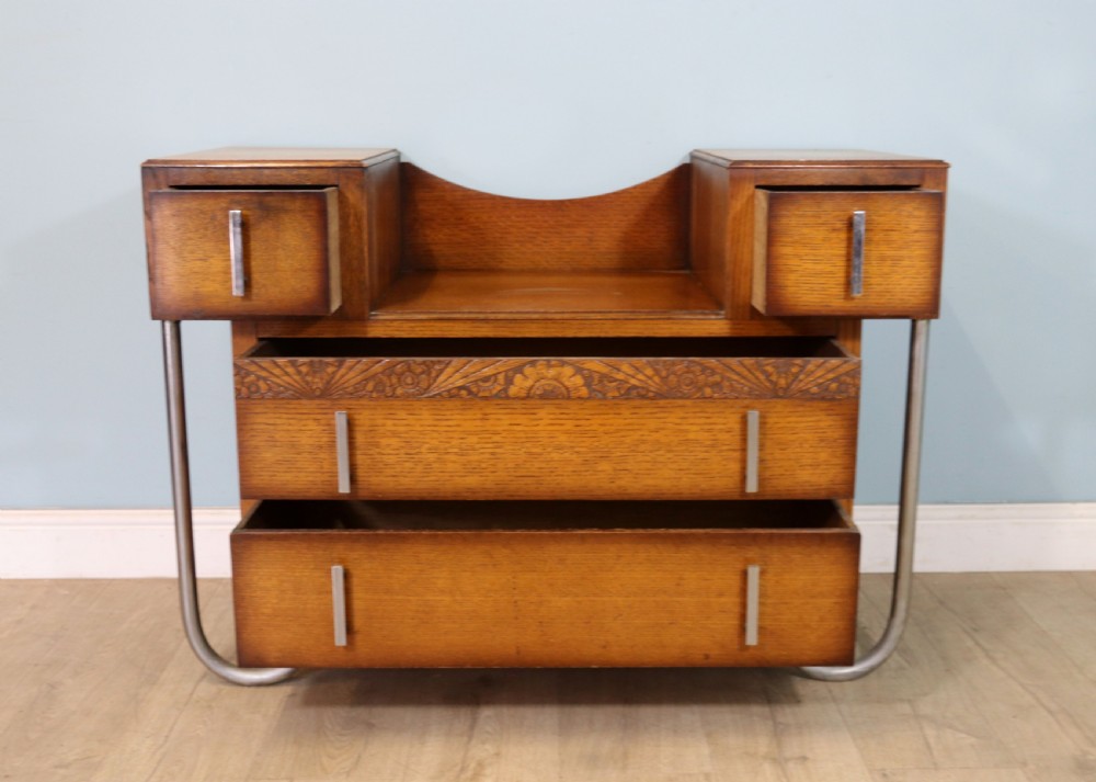  Art Deco Style rare Oak and chrome framed drop centre storage unit. View V