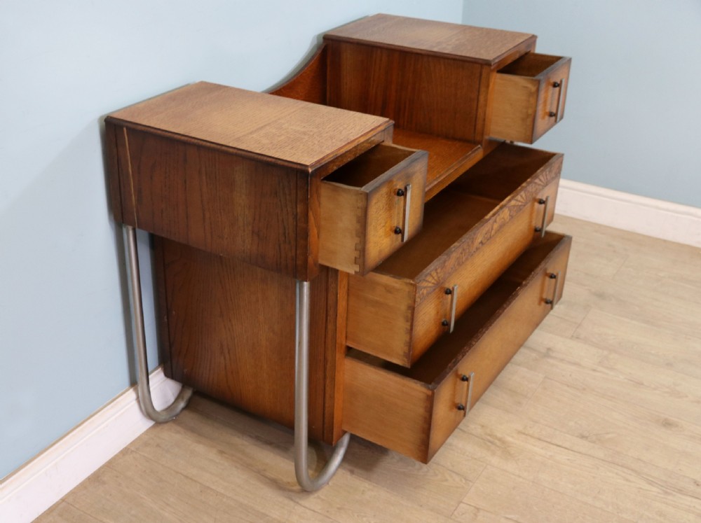 Art Deco Style rare Oak and chrome framed drop centre storage unit. View VI