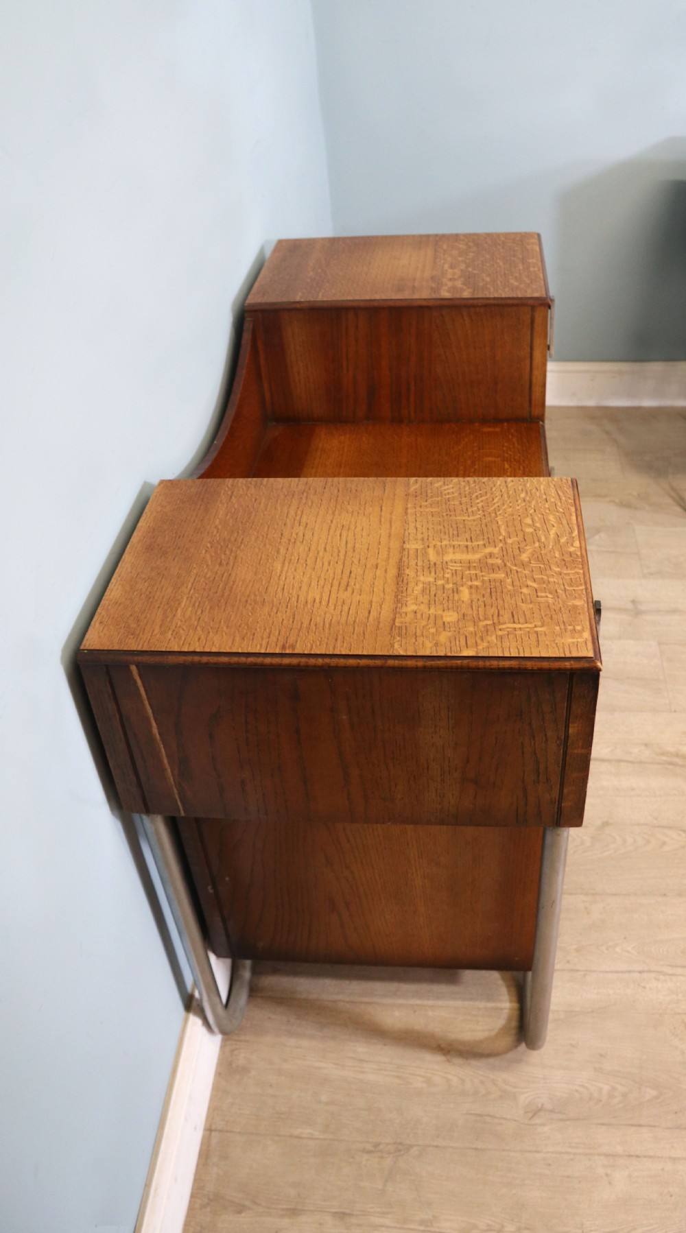  Art Deco Style rare Oak and chrome framed drop centre storage unit. View VII