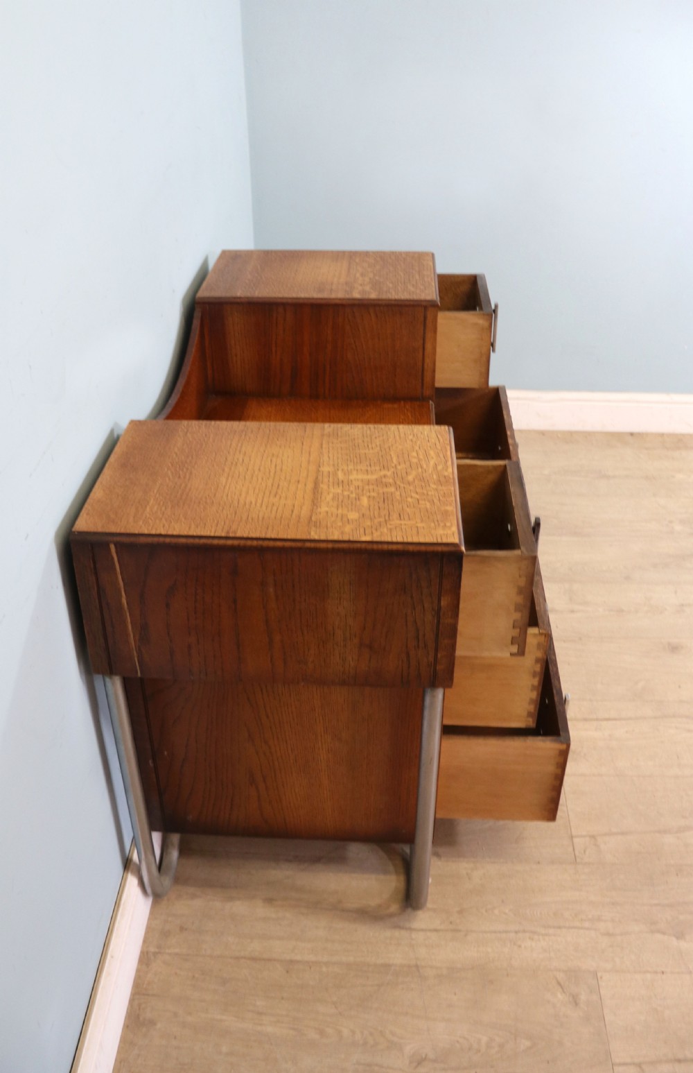  Art Deco Style rare Oak and chrome framed drop centre storage unit. View VIII