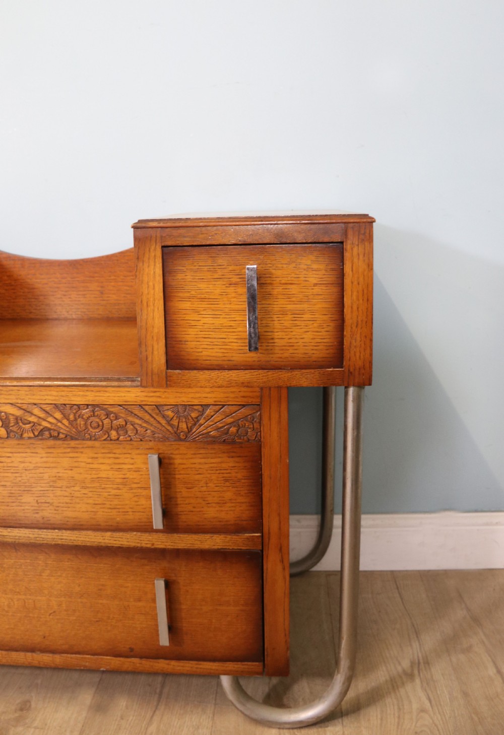  Art Deco Style rare Oak and chrome framed drop centre storage unit. View XII