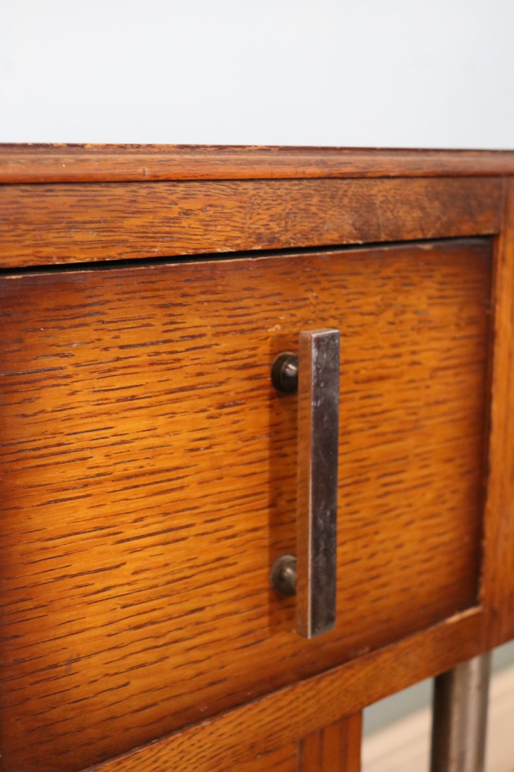  Art Deco Style rare Oak and chrome framed drop centre storage unit. View XIV