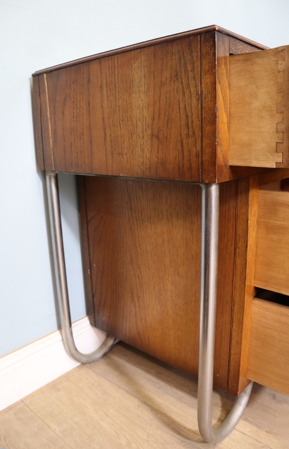  Art Deco Style rare Oak and chrome framed drop centre storage unit. View XV