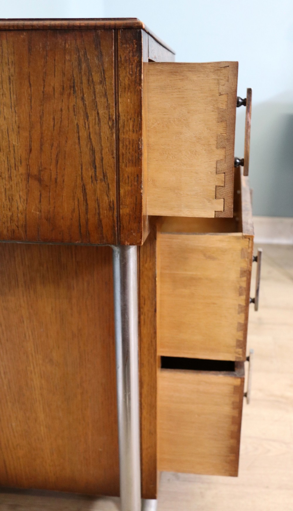  Art Deco Style rare Oak and chrome framed drop centre storage unit. View XX