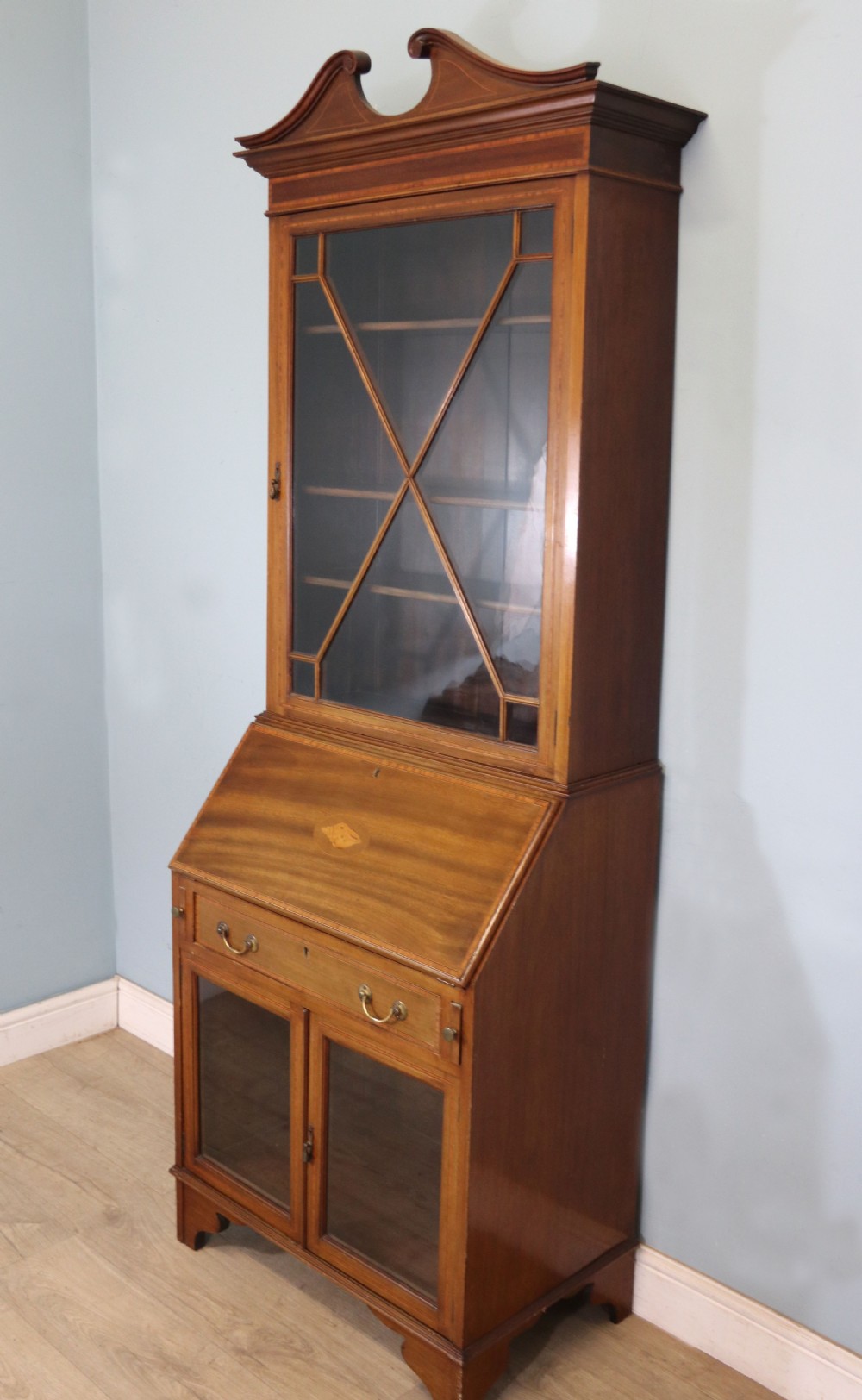 A lovely undersized true Edwardian bureau bookcase cabinet.  View II