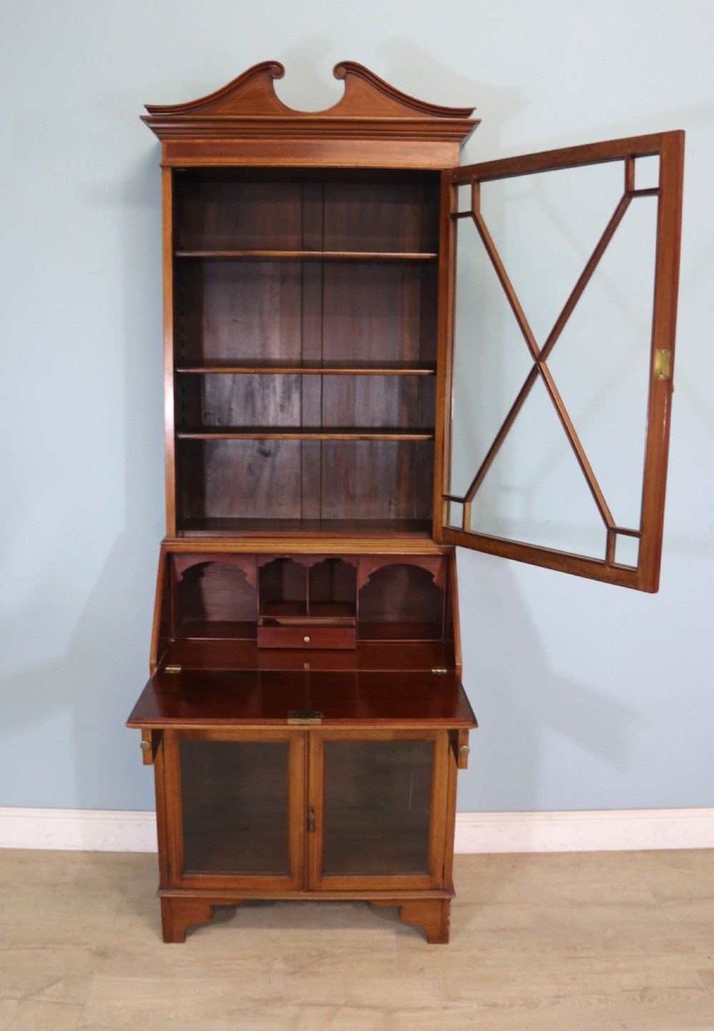 A lovely undersized true Edwardian bureau bookcase cabinet.  View V