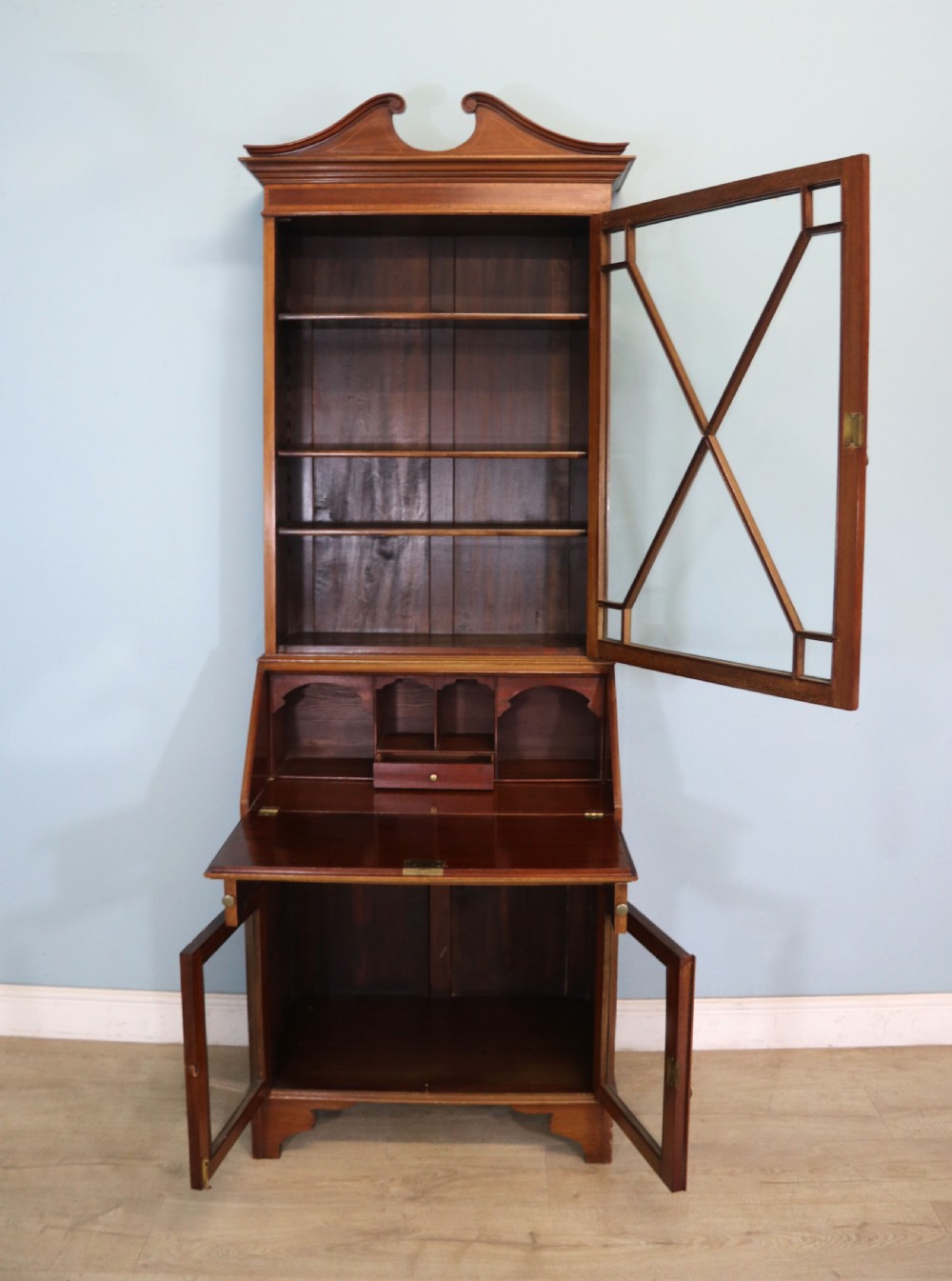 A lovely undersized true Edwardian bureau bookcase cabinet.  View VI