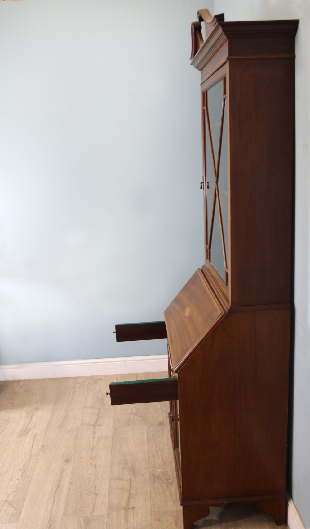 A lovely undersized true Edwardian bureau bookcase cabinet.  View VIII