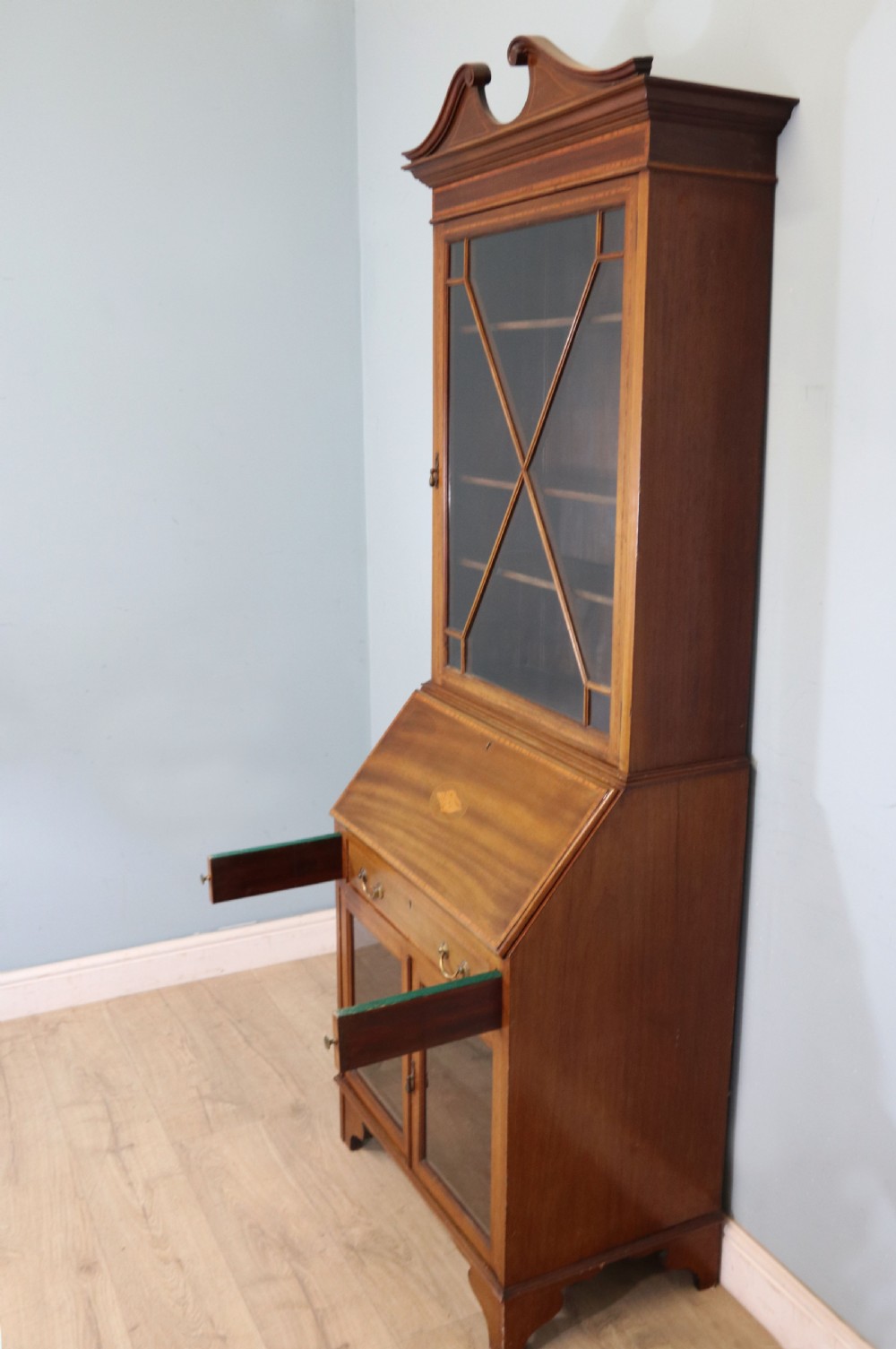 A lovely undersized true Edwardian bureau bookcase cabinet.  View IX