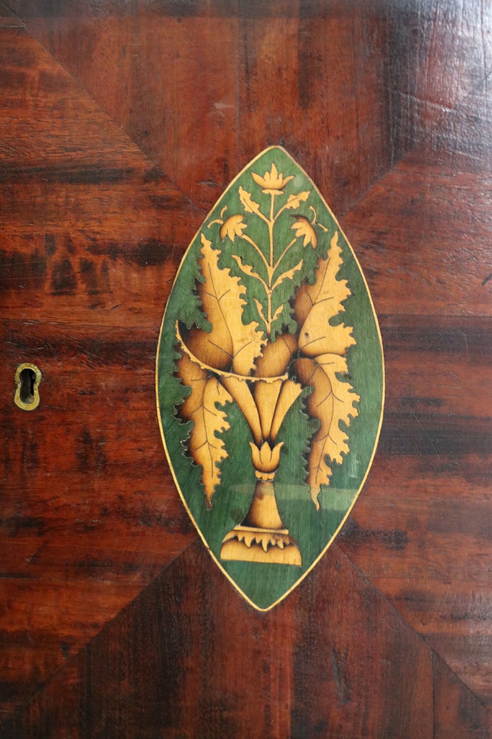 An open George III oak bureau featuring mahogany crossbanding, brass swan-neck handles, pull-out lopers, and a fitted interior with pigeonholes. View IX