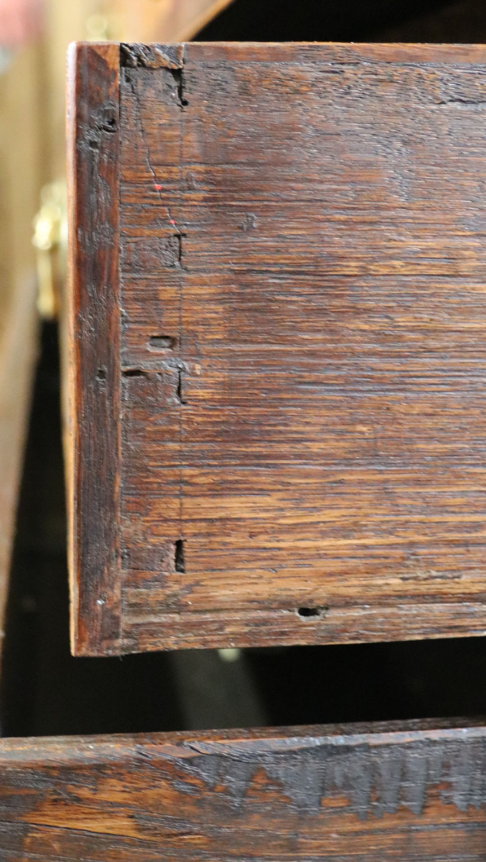An open George III oak bureau featuring mahogany crossbanding, brass swan-neck handles, pull-out lopers, and a fitted interior with pigeonholes. View XVIII