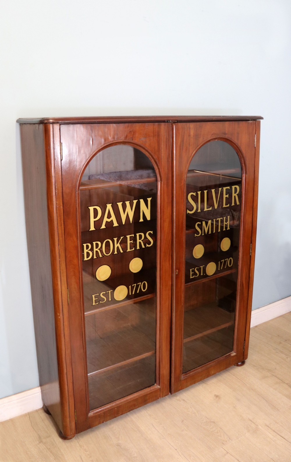  Victorian bookcase cabinet later sign written for a Pawn Brokers View II