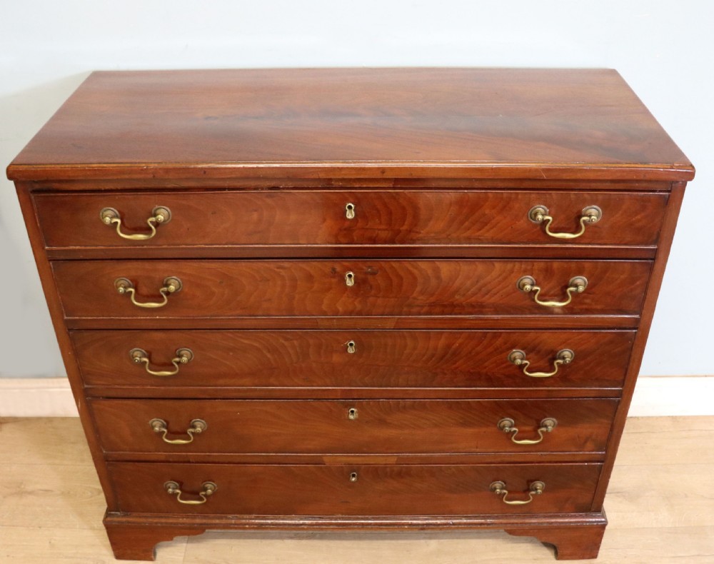 A 19th-century mahogany chest of drawers featuring five graduated drawers with brass swan-neck handles and bracket feet. View II