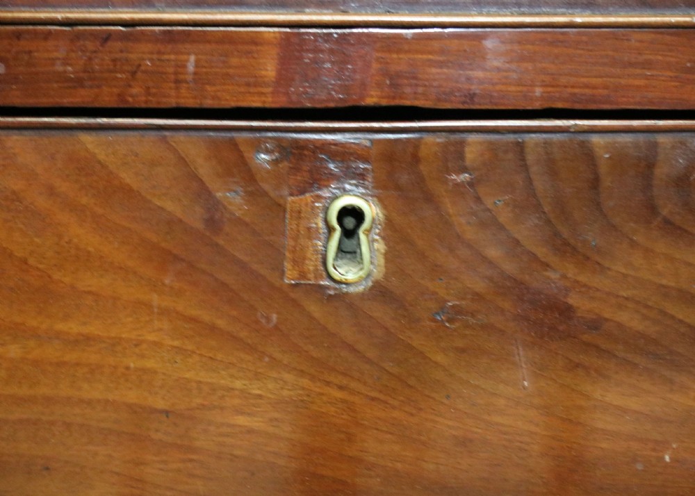 A 19th-century mahogany chest of drawers featuring five graduated drawers with brass swan-neck handles and bracket feet. View VIII