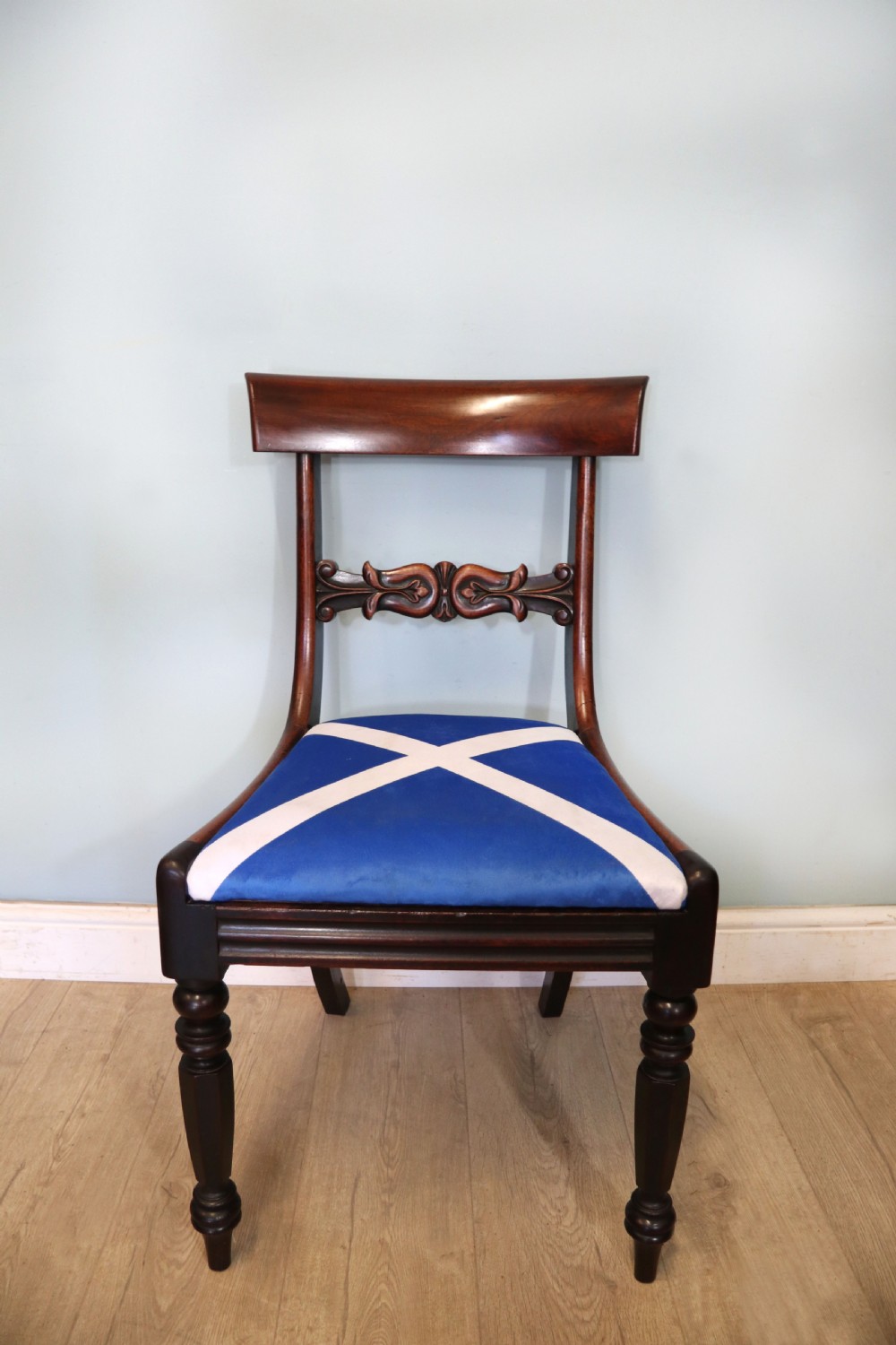 A set of four Victorian mahogany bar-back dining chairs with carved mid-rails, turned front legs, and flag-patterned upholstered seats. View XIII