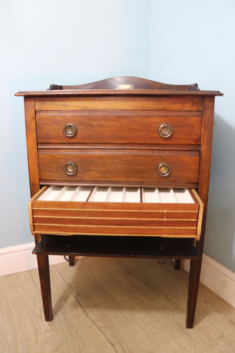  A lovely George V dining room side cabinet with cutlery trays marked for Godfrey & Co, Yeovil.  View V