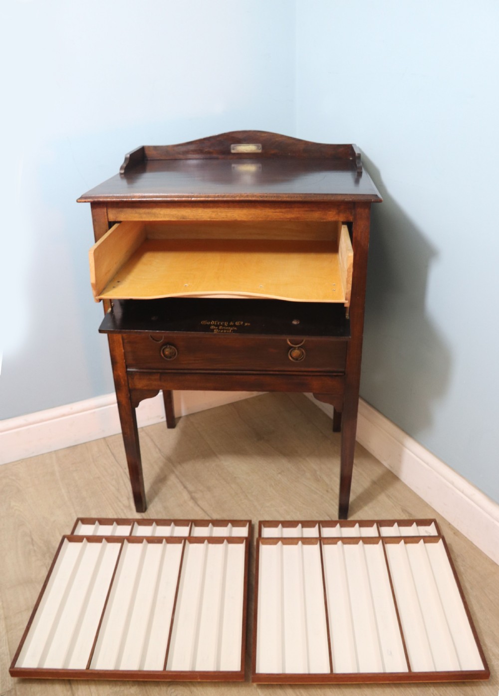  A lovely George V dining room side cabinet with cutlery trays marked for Godfrey & Co, Yeovil.  View VII