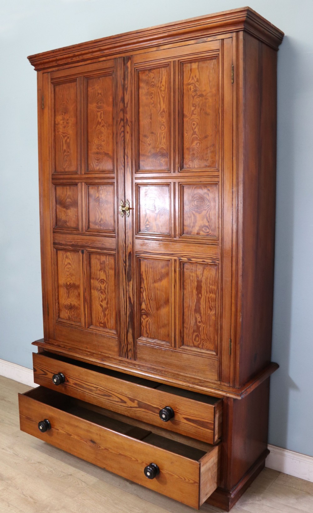 A late 19th century pitch pine wardrobe. View IV