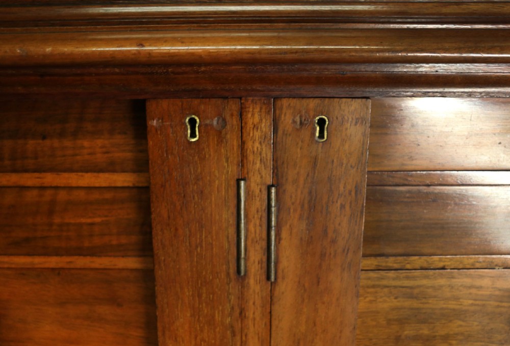 A tall Victorian solid walnut shop cabinet with glazed upper doors featuring sign-written fishing typography, multiple small drawers in the midsection, and panelled cupboard doors below. View XX