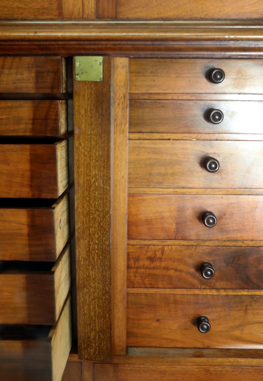 A tall Victorian solid walnut shop cabinet with glazed upper doors featuring sign-written fishing typography, multiple small drawers in the midsection, and panelled cupboard doors below. View XXII