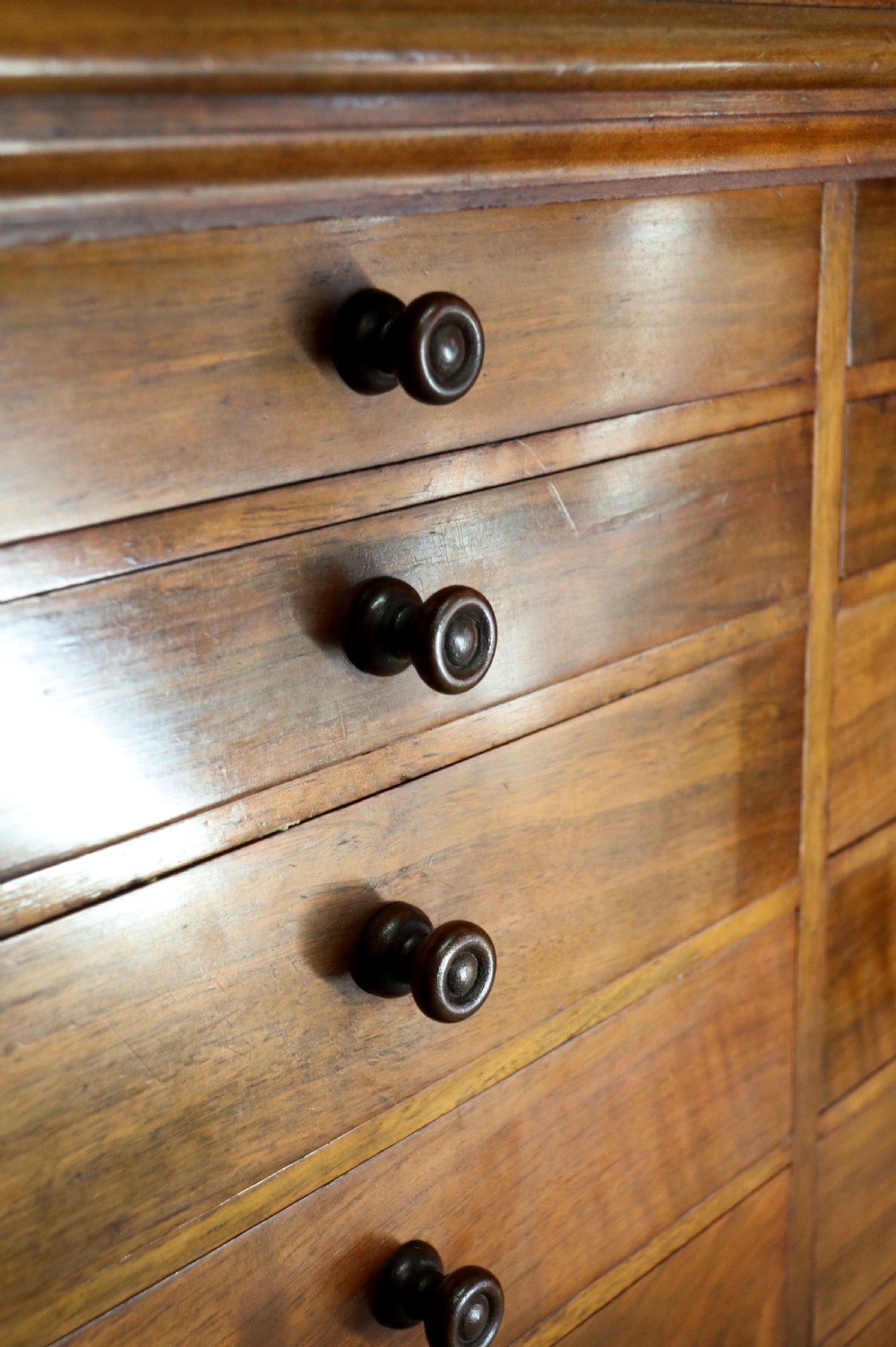 A tall Victorian solid walnut shop cabinet with glazed upper doors featuring sign-written fishing typography, multiple small drawers in the midsection, and panelled cupboard doors below. View XXVII