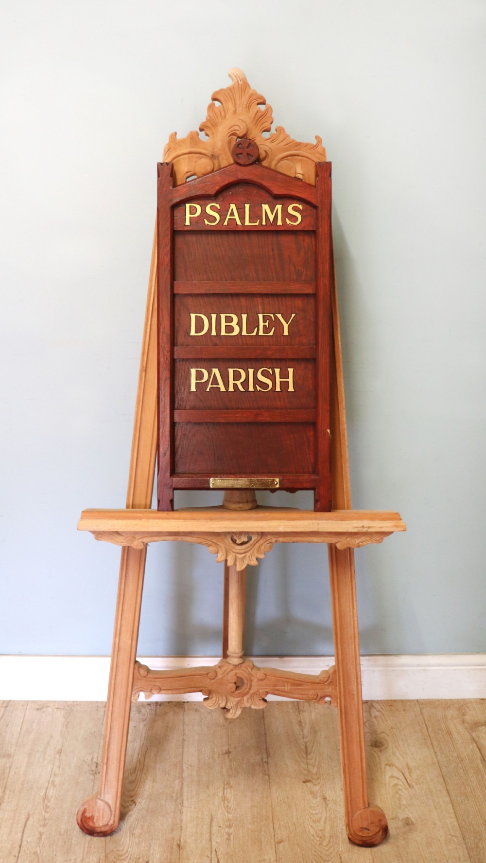 A Victorian gothic oak village church Psalm or hymn board sign written Vicar of Dibley. View V