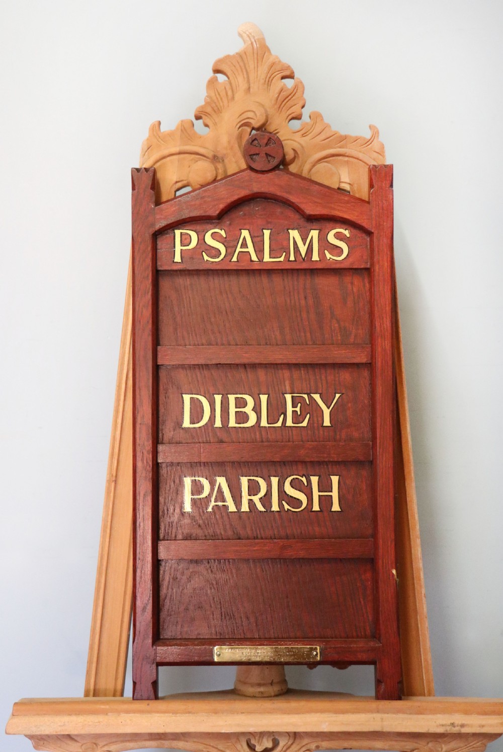 A Victorian gothic oak village church Psalm or hymn board sign written Vicar of Dibley. View II