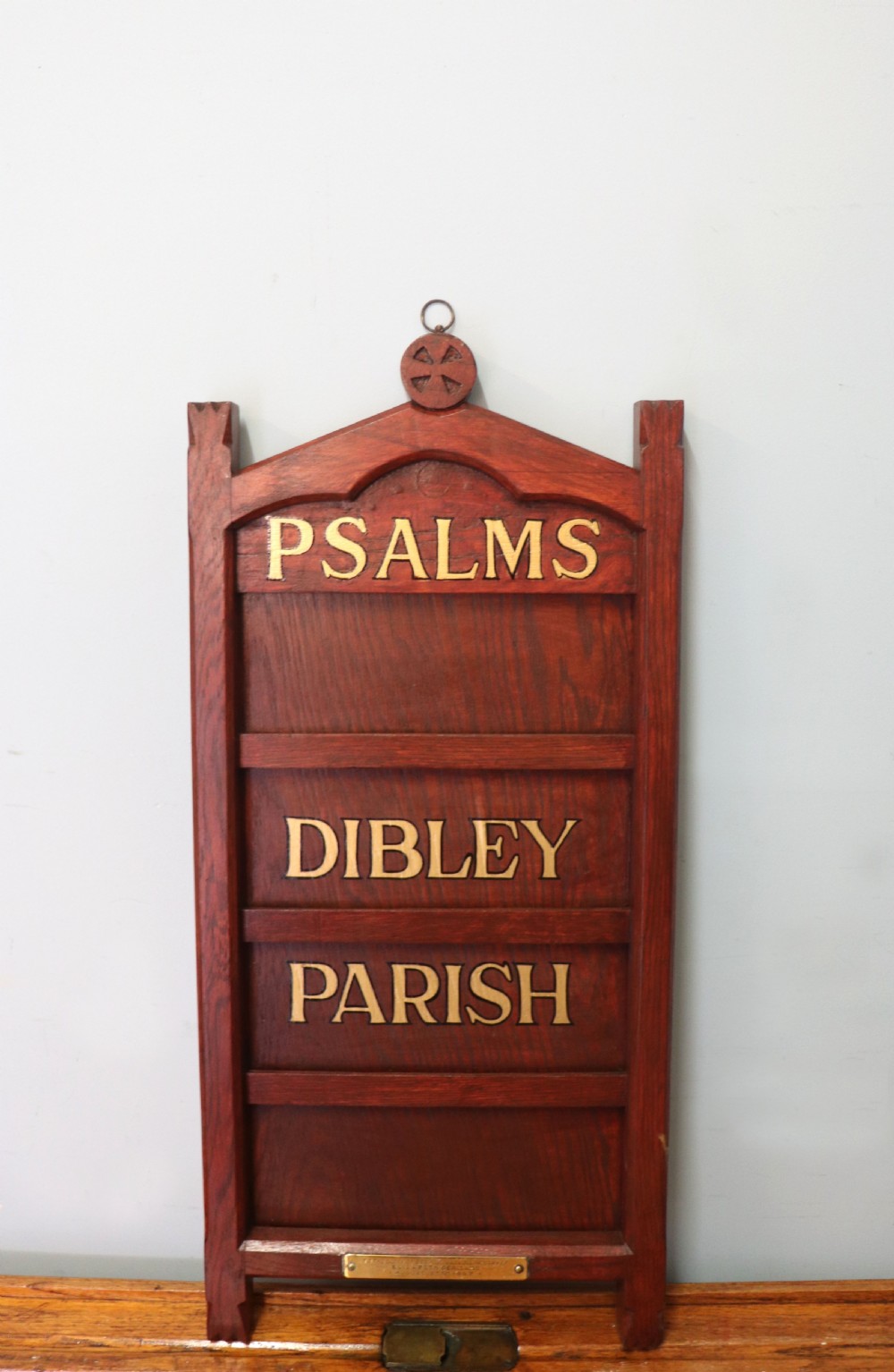 A Victorian gothic oak village church Psalm or hymn board sign written Vicar of Dibley. View III