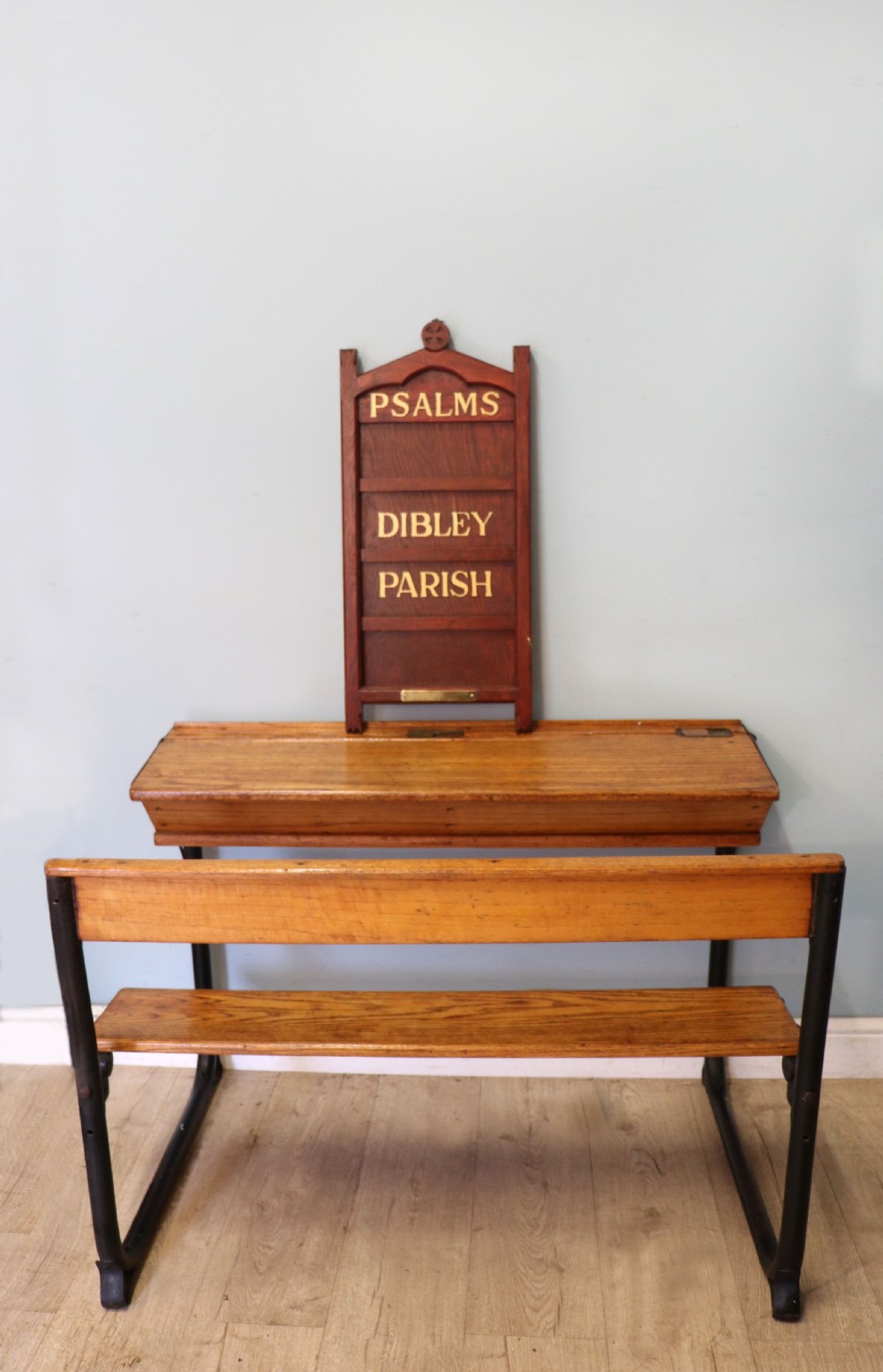 A Victorian gothic oak village church Psalm or hymn board sign written Vicar of Dibley. View IV