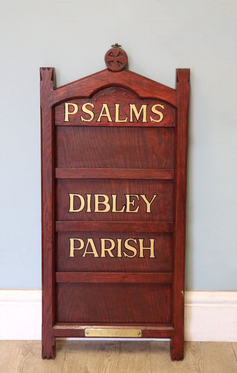 A Victorian gothic oak village church Psalm or hymn board sign written Vicar of Dibley.