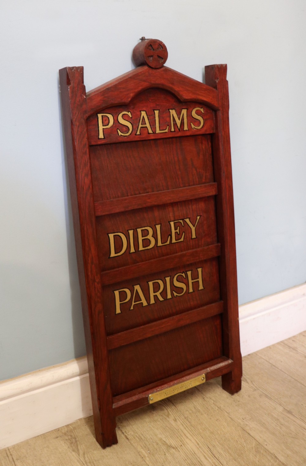 A Victorian gothic oak village church Psalm or hymn board sign written Vicar of Dibley. View VIII