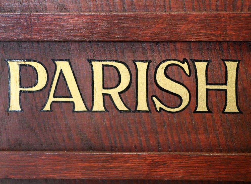 A Victorian gothic oak village church Psalm or hymn board sign written Vicar of Dibley. View XVI