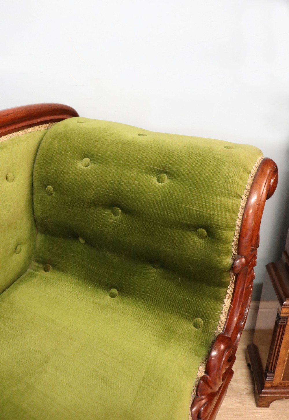 A superb vintage green Victorian sofa. View XVI