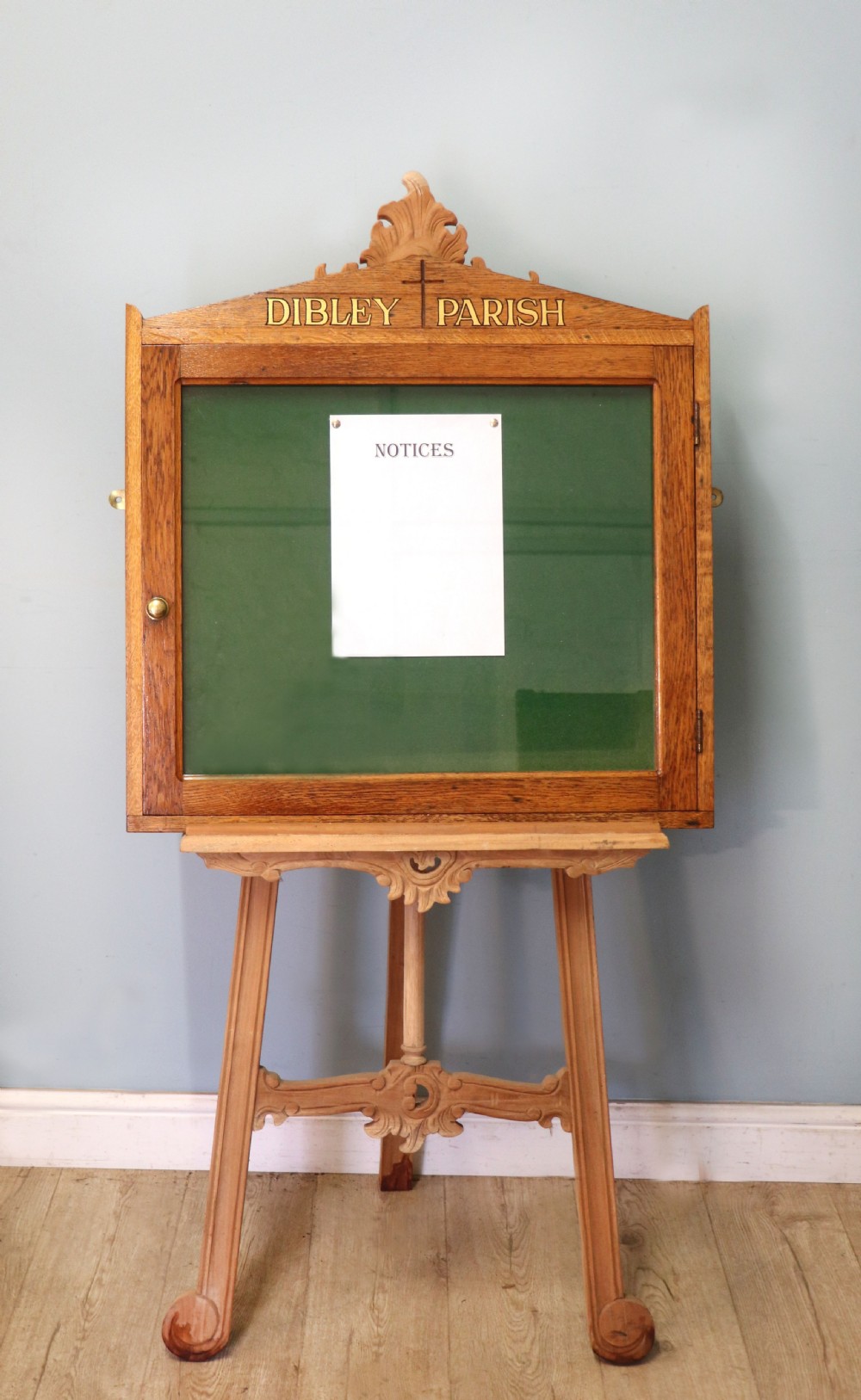 An unusual late Victorian gothic oak church notice board sign written Vicar of Dibley View II