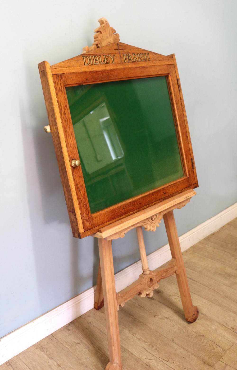 An unusual late Victorian gothic oak church notice board sign written Vicar of Dibley View III