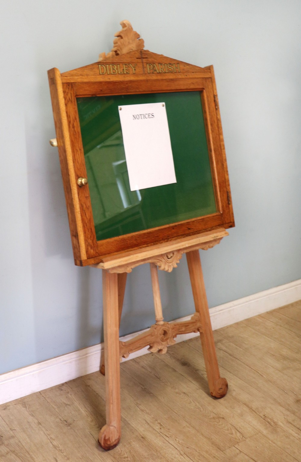 An unusual late Victorian gothic oak church notice board sign written Vicar of Dibley View IV