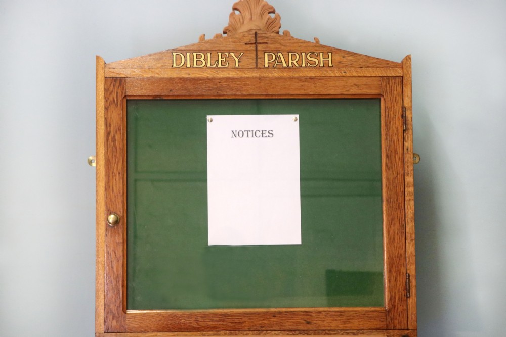 An unusual late Victorian gothic oak church notice board sign written Vicar of Dibley View V