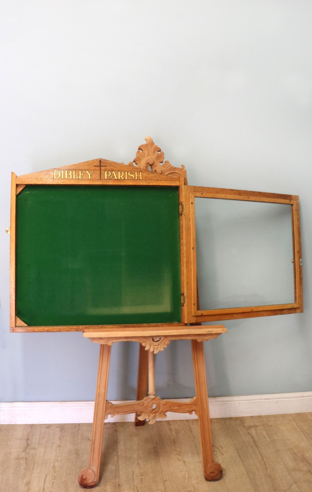 An unusual late Victorian gothic oak church notice board sign written Vicar of Dibley View VI