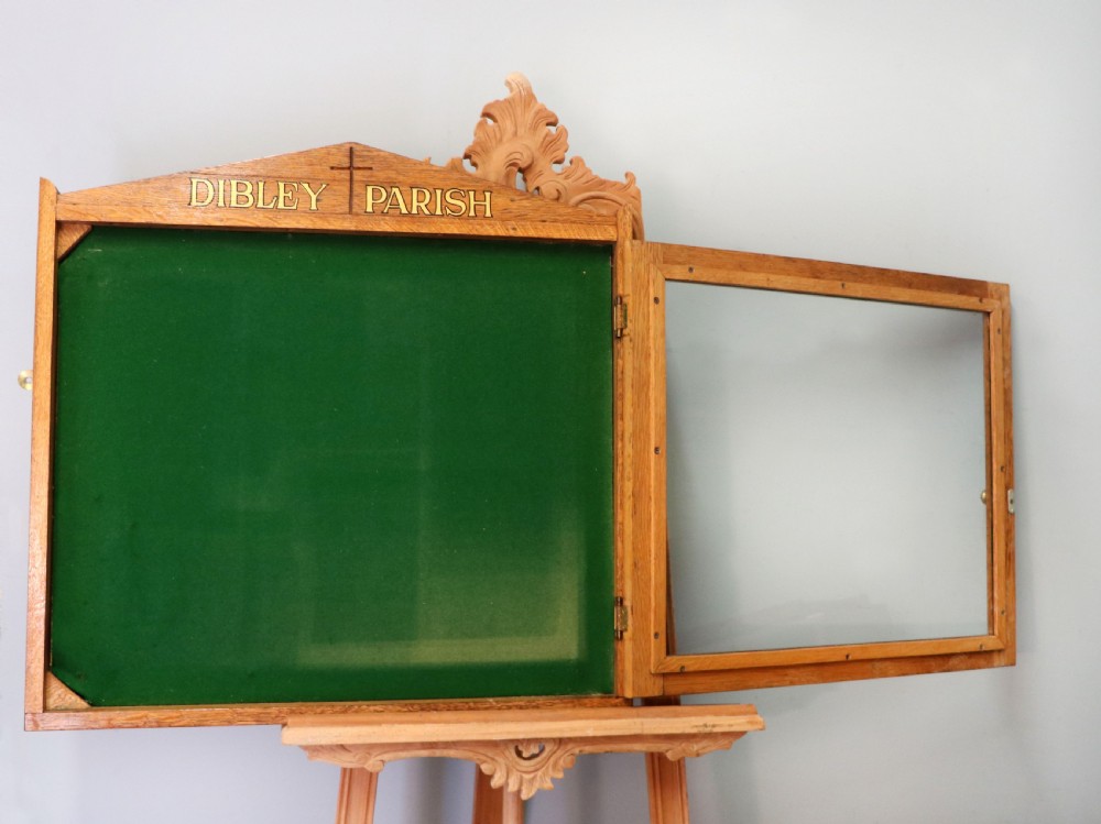 An unusual late Victorian gothic oak church notice board sign written Vicar of Dibley View VII