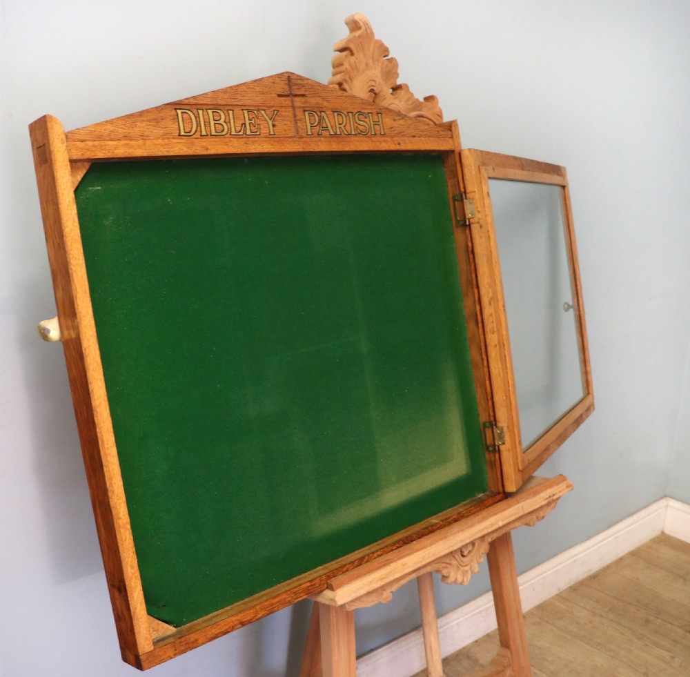 An unusual late Victorian gothic oak church notice board sign written Vicar of Dibley View VIII