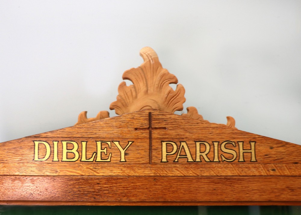 An unusual late Victorian gothic oak church notice board sign written Vicar of Dibley View IX